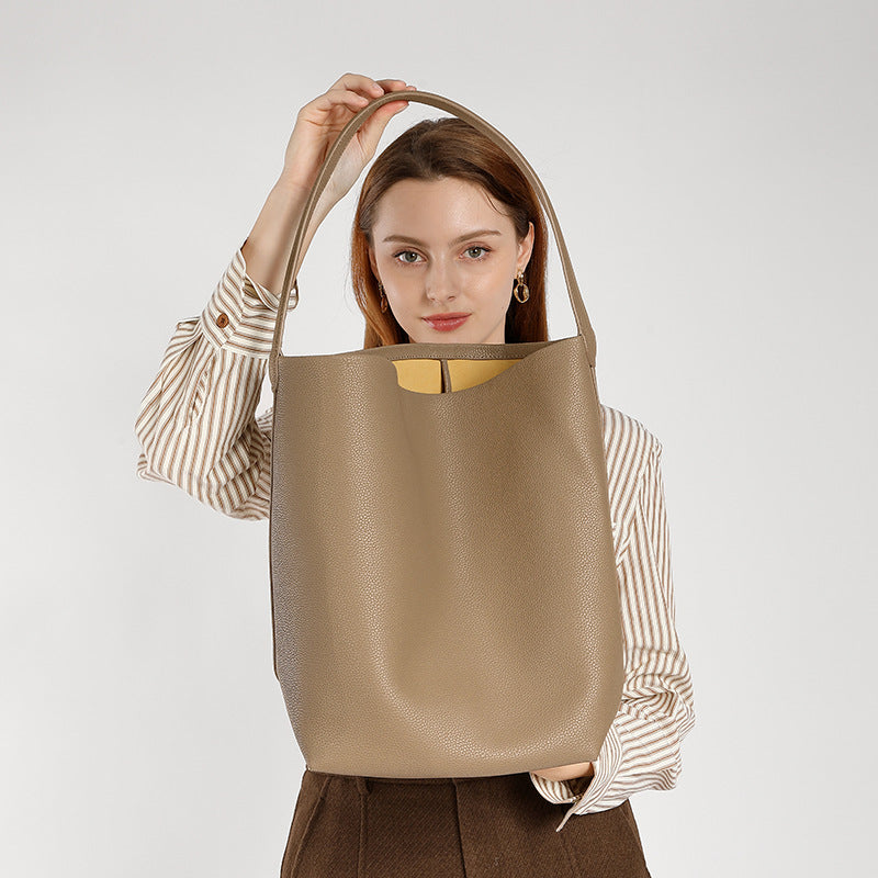 Women's Designer Leather Tote Bag-Handbags-Elephant Grey (Lychee Pattern Cowhide)-Free Shipping Leatheretro