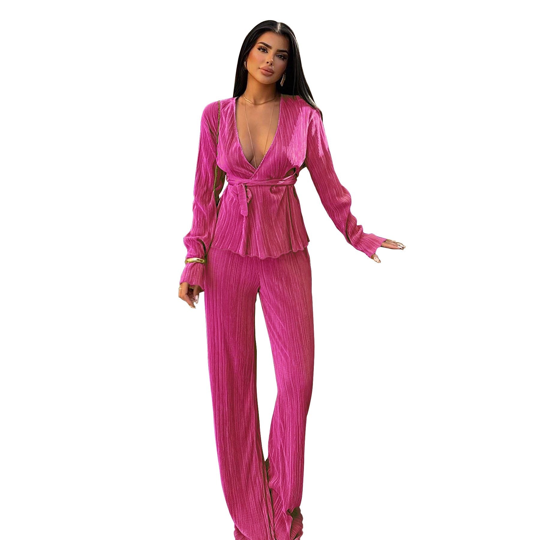 Casual V Neck Long Sleeves Tops and Pants Two Pieces Suits-suits-Rose Red-S-Free Shipping Leatheretro