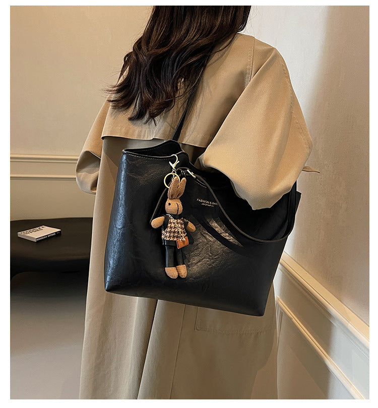 Vintage Soft Faux Leather Tote Bag for Women-Black with pendant.-Free Shipping Leatheretro