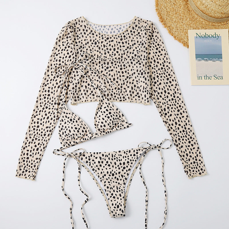 Sexy Long Sleeves Leopard Three Pieces Women Bikinis Swimwear-Swimwear-White-S-Free Shipping Leatheretro