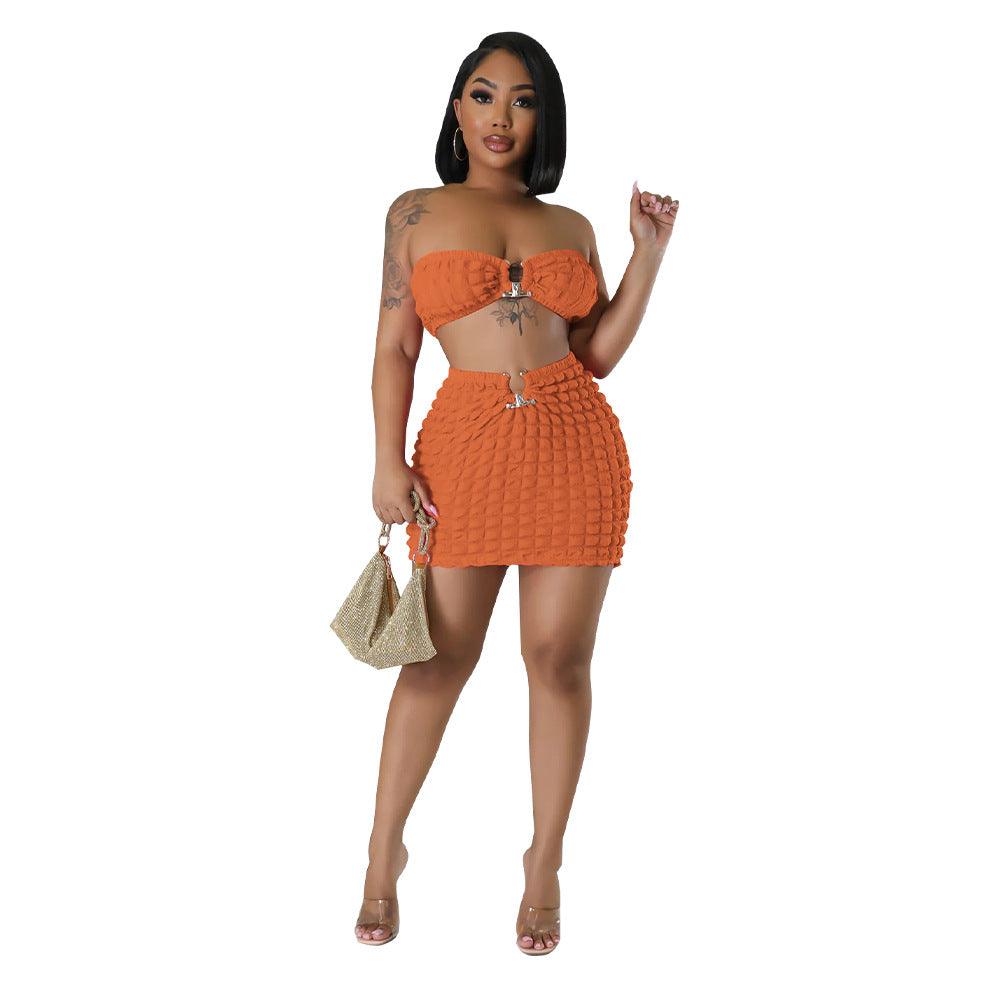 Sexy Strapless Tops and Sheath Skirts Suits-dresses-Orange-S-Free Shipping Leatheretro