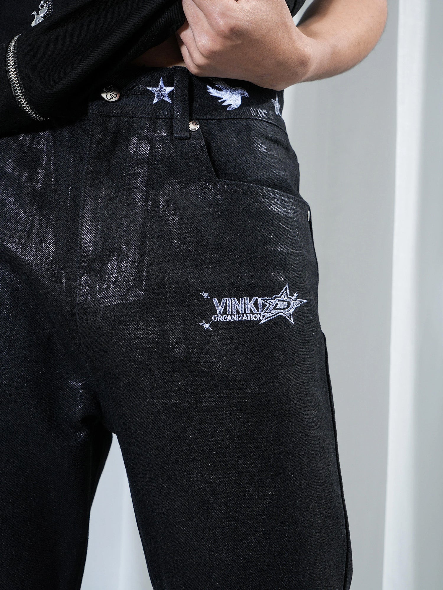 VINKID Star Graphic Crackle Waxed Jeans-Jeans-S-Free Shipping Leatheretro