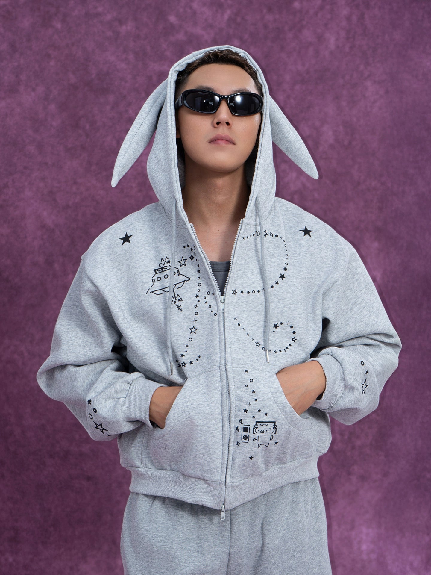 CLP Men's Gray Cartoon Rabbit Print Hooded Sweatshirt Jacket-Gray-S-Free Shipping Leatheretro