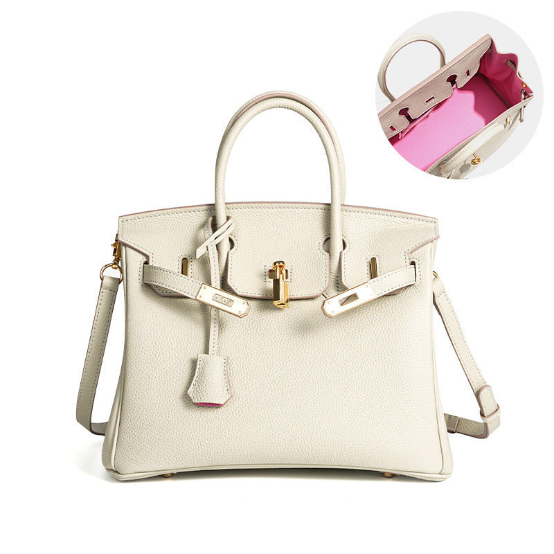 Luxury Genuine Top Grain Pebbled Leather Women's Handbag with Lock Closure-Handbags-elephant gray-35CM-Free Shipping Leatheretro