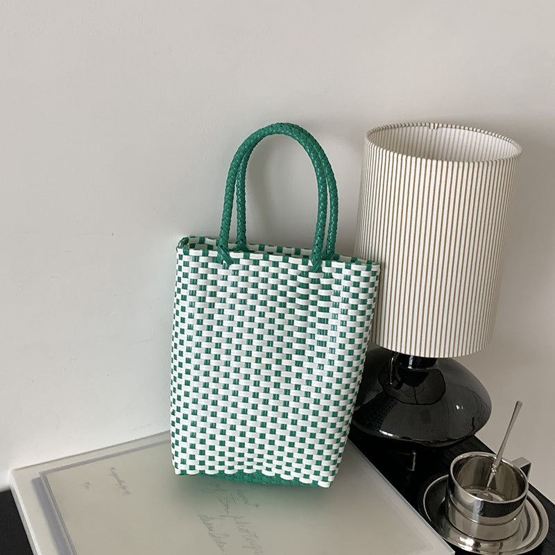 Summer PVC Handwoven Beach Bag – Colorful Boho Tote, Gift Basket & Casual Carryall-Beach Bags-Pink green-Free Shipping Leatheretro