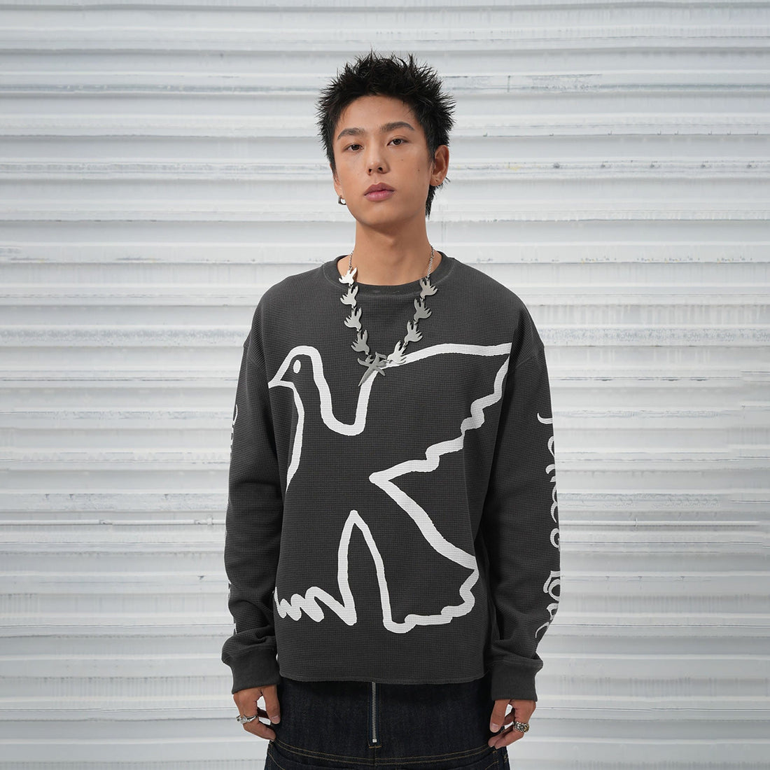 VINKID Pigeon Graphic Waffle Sweatshirt-T Shirt-S-Brown-Free Shipping Leatheretro