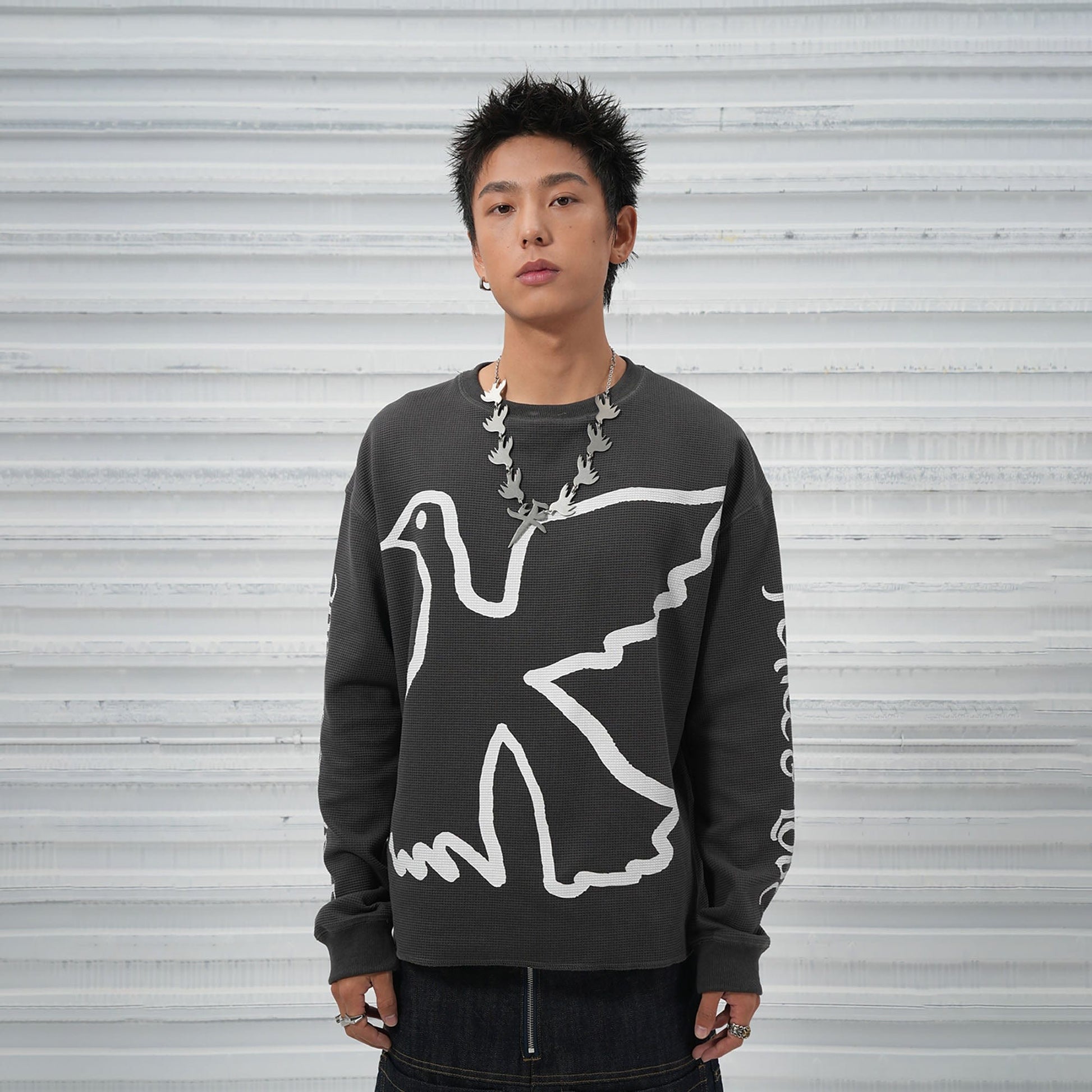 VINKID Pigeon Graphic Waffle Sweatshirt-T Shirt-S-Gray-Free Shipping Leatheretro