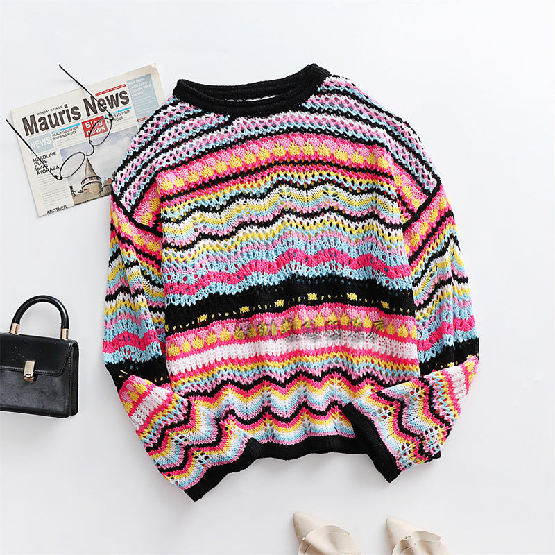 Casual Bohemian Striped Knitted Sweaters-Sweater&Hoodies-Green-S-Free Shipping Leatheretro