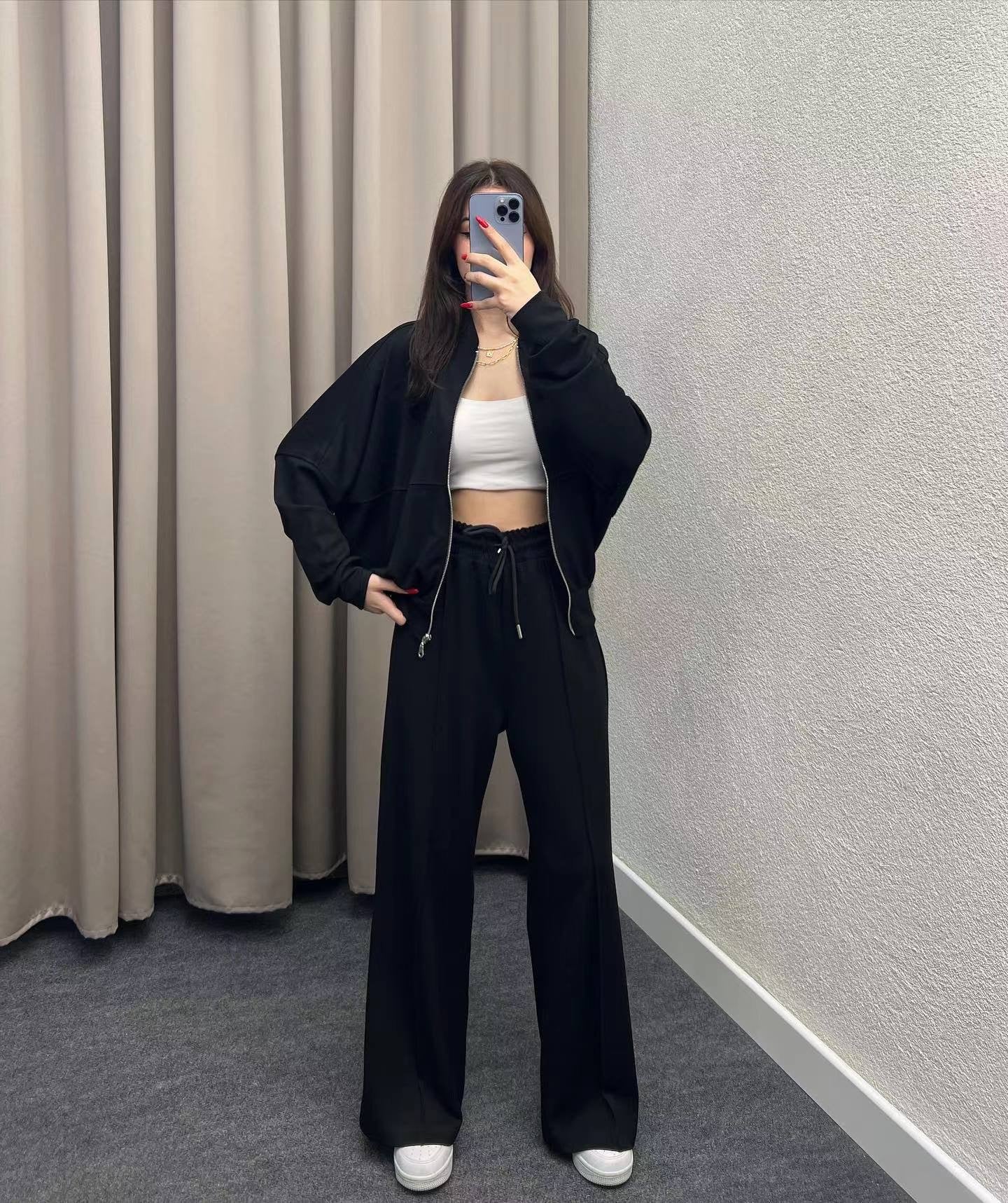 Fashion Women Spring Hoodies and Pants-suits-Black-S-Free Shipping Leatheretro