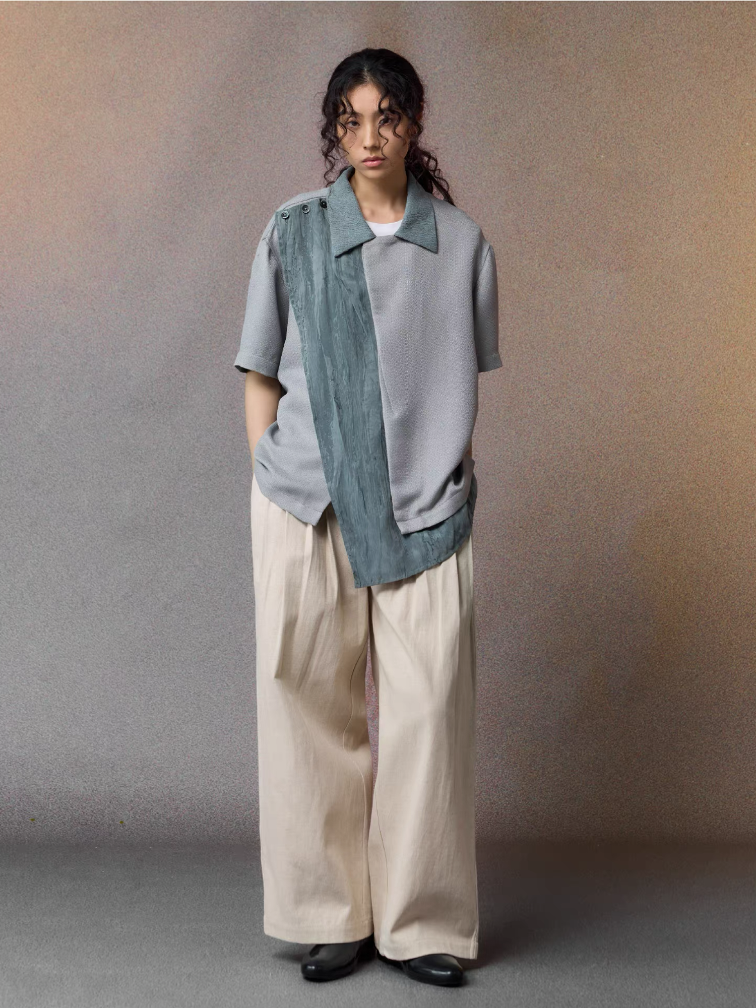 ALVNG AR ANTS Asymmetrical Contrast Spliced Linen Half Shirt-Half shirt-S-Blue-Free Shipping Leatheretro