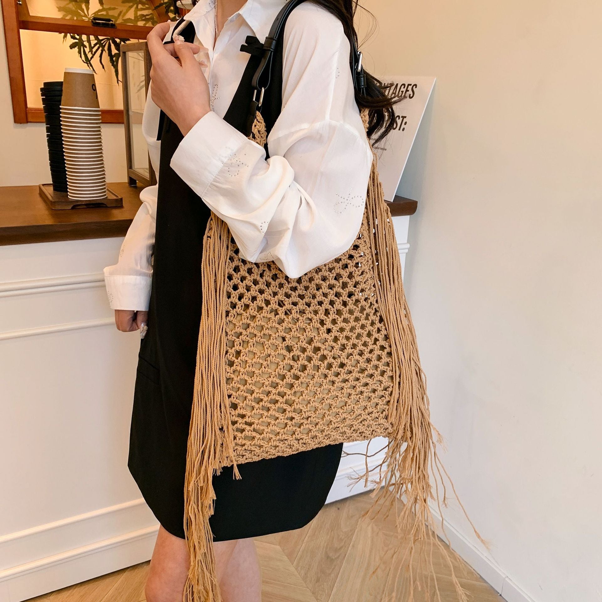 Retro Fringe Handwoven Crochet Tote Bag-Black-Free Shipping Leatheretro