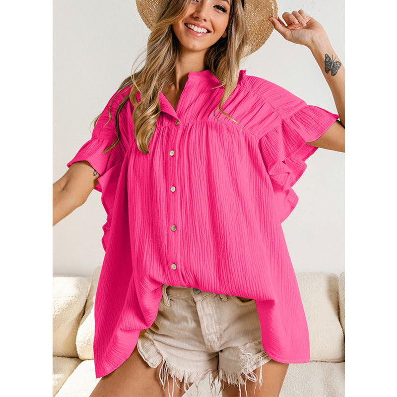 Fashion Stand Collar Ruffled Short Sleeves Shirts-Shirts & Tops-Green-S-Free Shipping Leatheretro