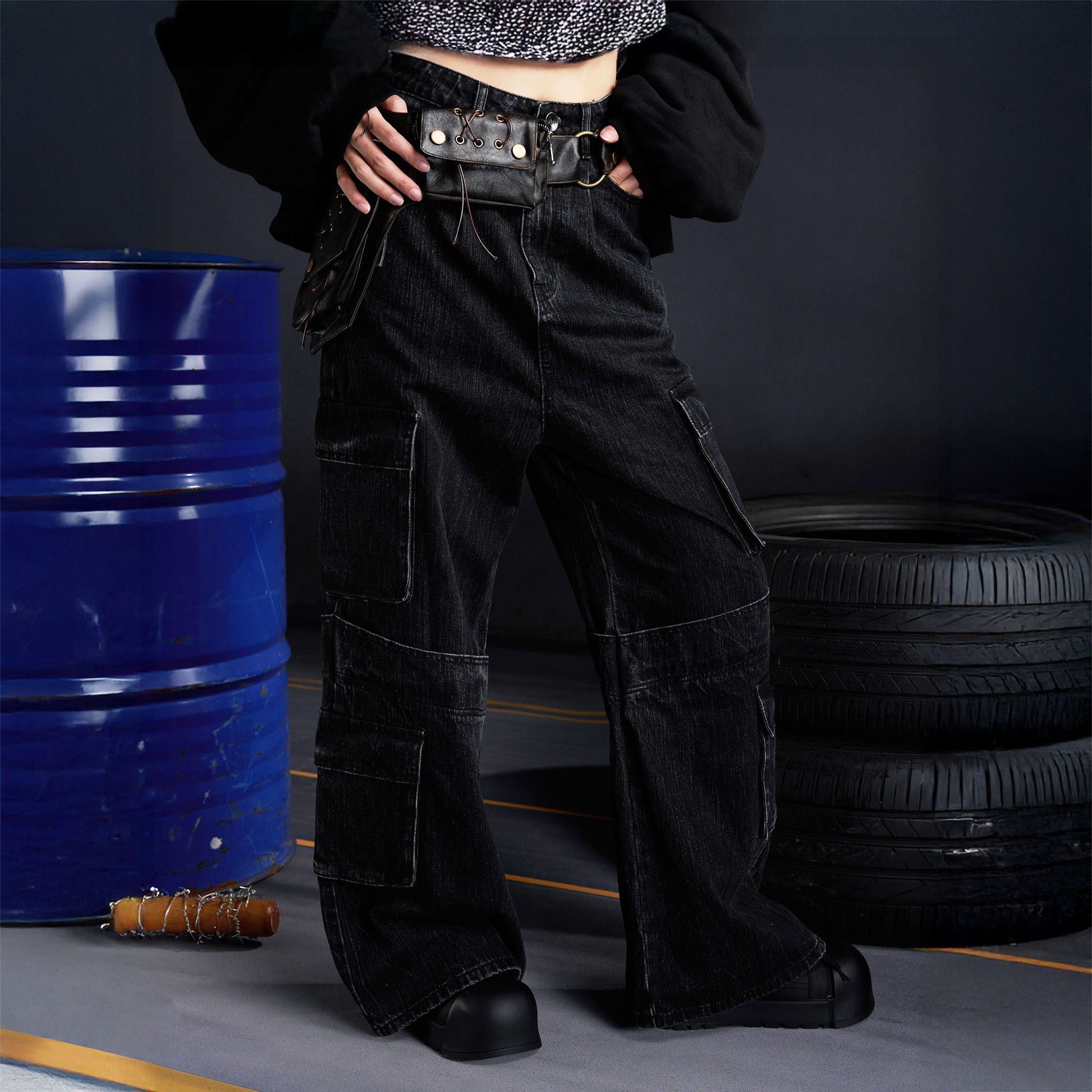 RECOVER ZONE Multi-Pocket Wide-Leg Utility Jeans-Jeans-S (Preorder)-Black-Free Shipping Leatheretro