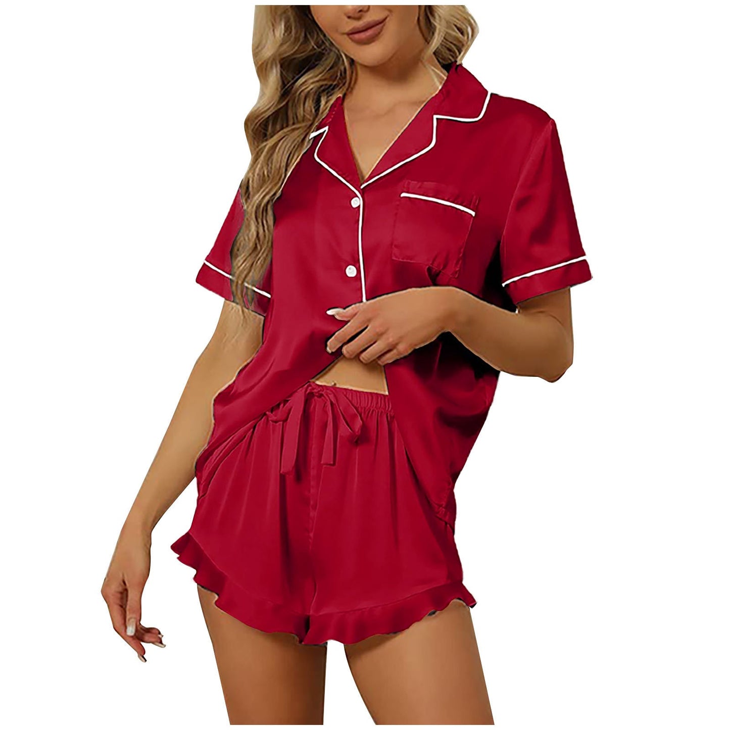 Casual Satin Summer Pajamas Suits for Women-Pajamas-Red-S-Free Shipping Leatheretro