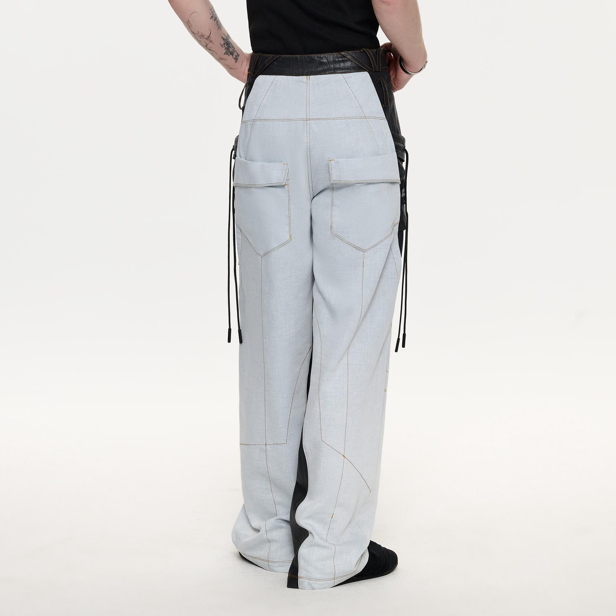 TIWILLTANG Contrast Stitch Paneled Wide-Leg Pants-Pants-S / 28-31”-Blue-Free Shipping Leatheretro