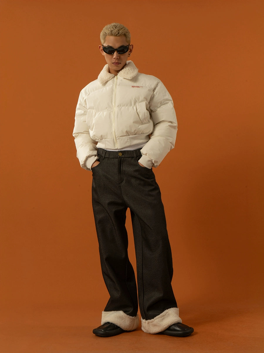 CLP Unisex Short Puffy Jacket with Sherpa Collar-Blue-S-Free Shipping Leatheretro