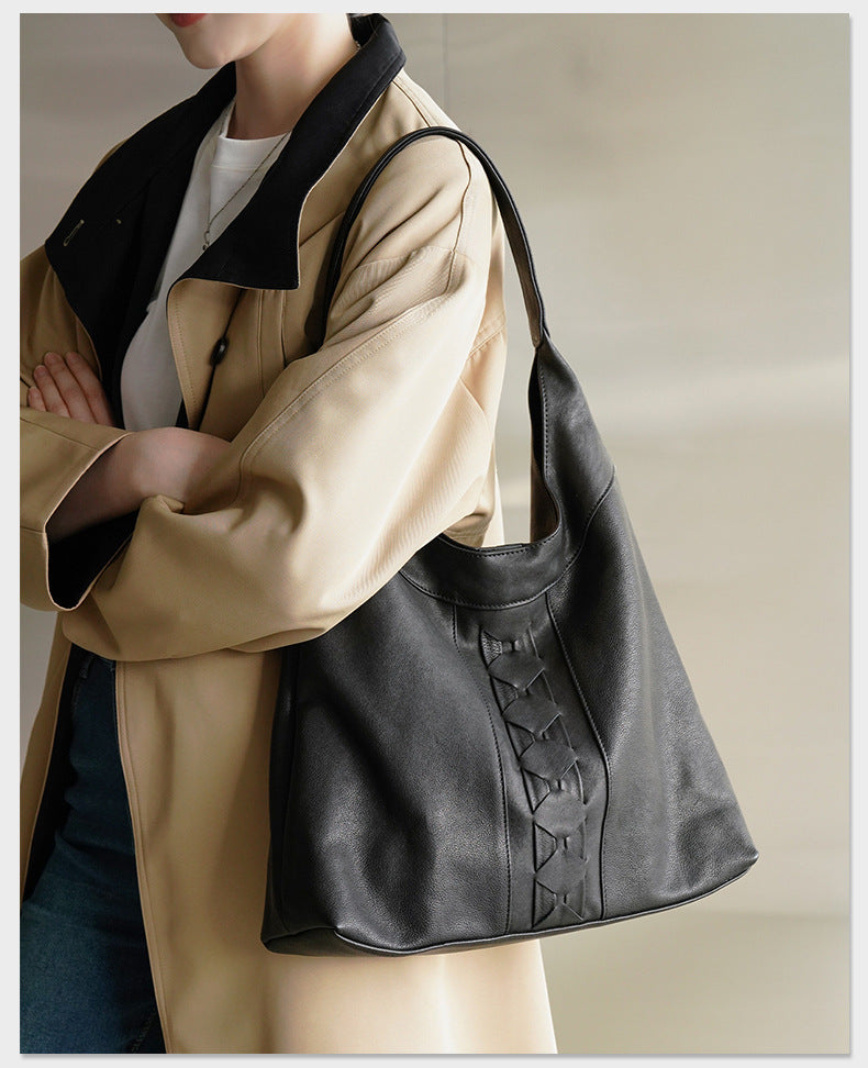 Luxury Genuine Vegetable-Tanned Leather Tote Bag-Black-Free Shipping Leatheretro