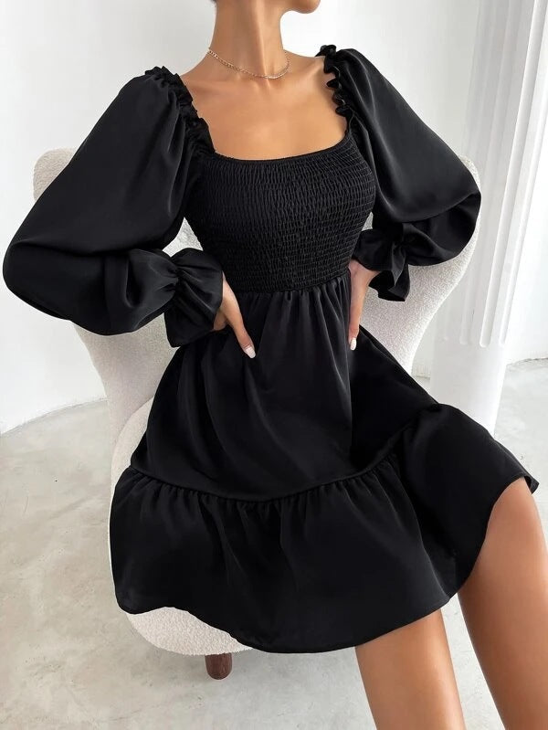 Elegant Square Neckline Long Sleeves Short Dresses-Dresses-Black-S-Free Shipping Leatheretro