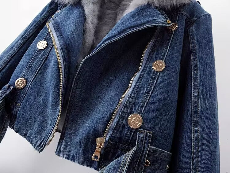 Winter Detachable Fox Fur Denim Jacket Coats for Women-Coats & Jackets-Blue-S-Free Shipping Leatheretro