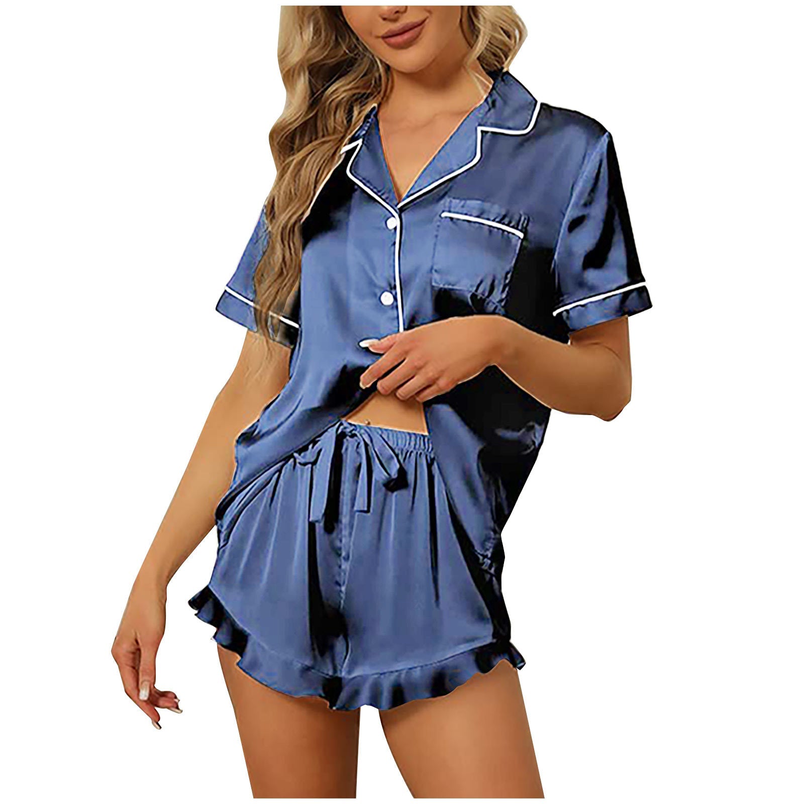 Casual Satin Summer Pajamas Suits for Women-Pajamas-Navy Blue-S-Free Shipping Leatheretro