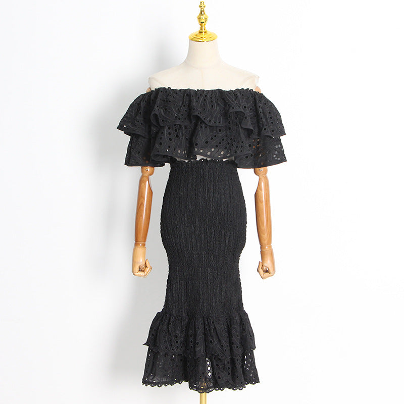 Fashion Ruffled Irregular Shirts and High Waist Mermaid Skirts Sets-Dresses-Black-S-Free Shipping Leatheretro