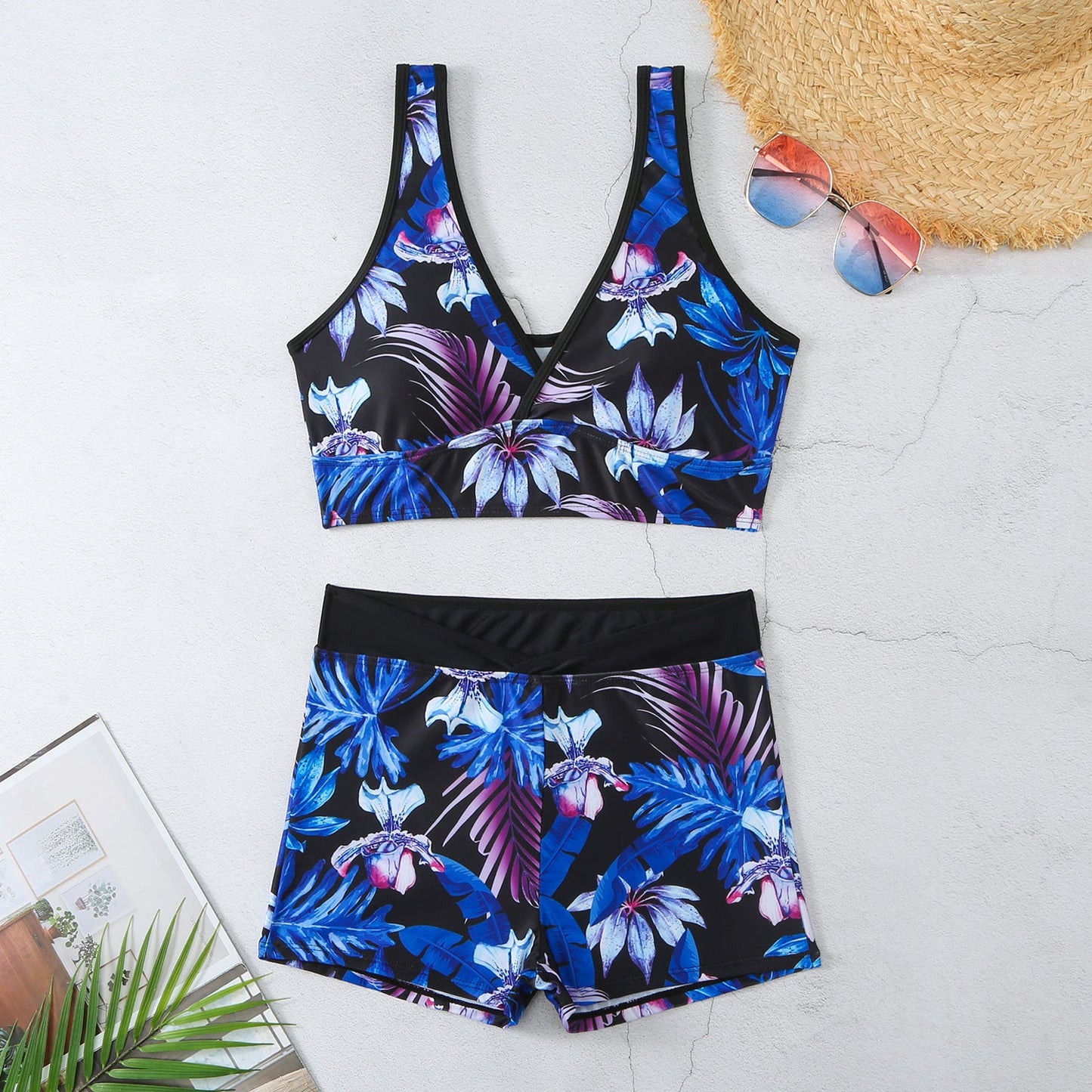 Sexy Floral Print Summer Boxer Swimsuits-Swimwear-Dark Blue-S-Free Shipping Leatheretro