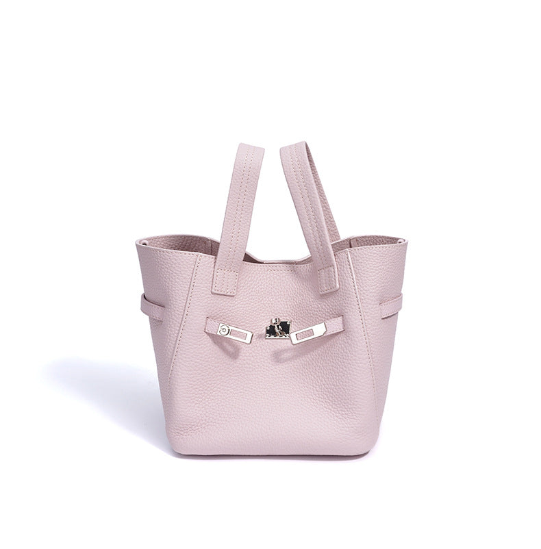 Top-Grain Leather Handbag – Stylish Basket Shoulder Bag with Lock Closure-Milkshake powder-Free Shipping Leatheretro