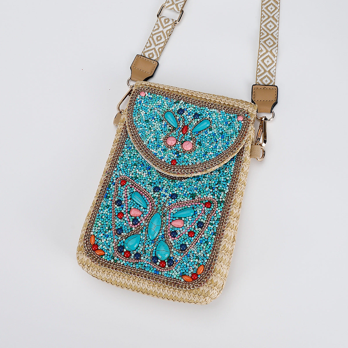 Woven Straw Crossbody Bag with Beaded Detail-1#-13*3.5*19-Free Shipping Leatheretro