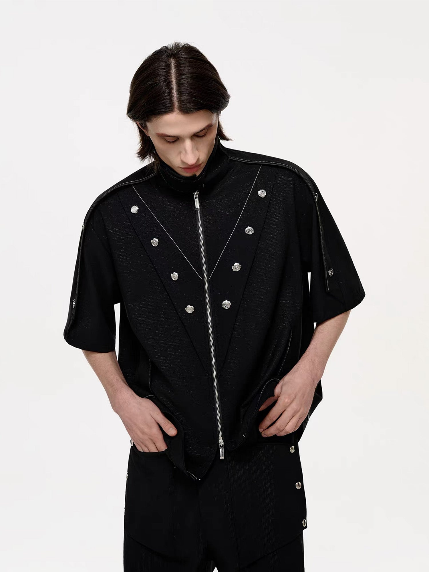 TIWILLTANG Studded Trim Zip-Up Half Shirt-T Shirt-S-Free Shipping Leatheretro