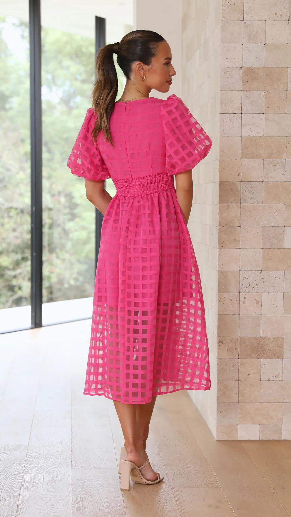 Classic Summer Hollow Design Lantern Sleeves Multi-color Women Dresses-Dresses-884 rose red-S-Free Shipping Leatheretro