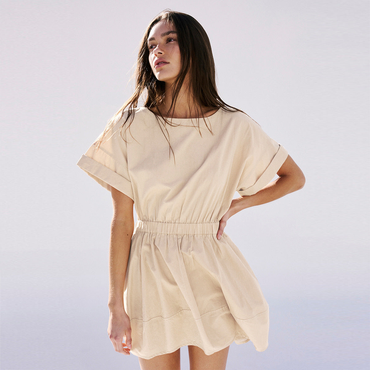 Summer Elastic Waist Short Vacation Dresses-Dresses-Apricot-S-Free Shipping Leatheretro