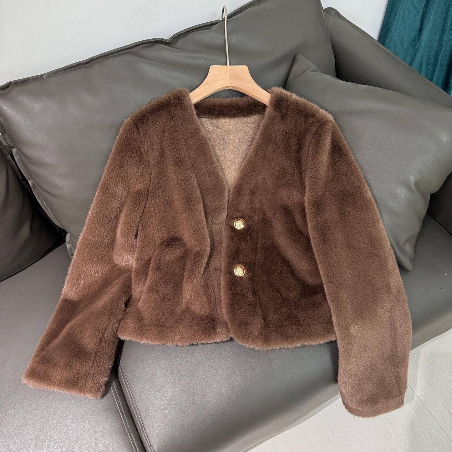 Fashion V Neck Faux Fur Short Coats-Coats & Jackets-Dark Brown-One Size-Free Shipping Leatheretro