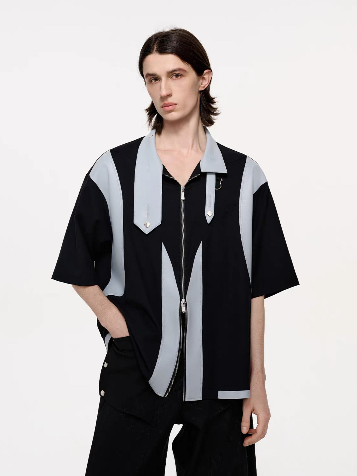 TIWILLTANG Layered-Collar Contrast-Panel Zip-Up Half Shirt-Shorts-S-Free Shipping Leatheretro