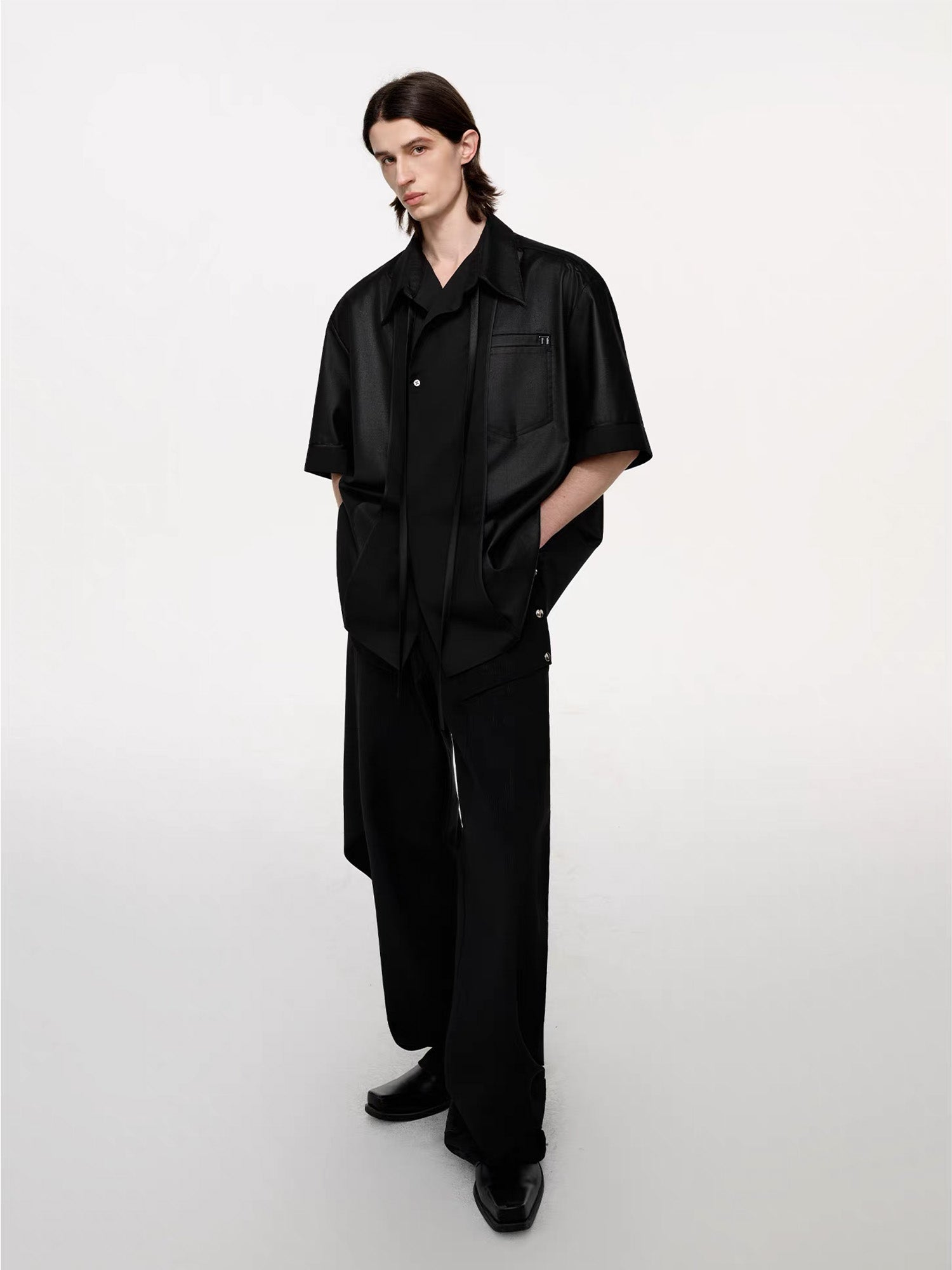TIWILLTANG Draped Camp-Collar T Shirt-Jacket-S-Black-Free Shipping Leatheretro