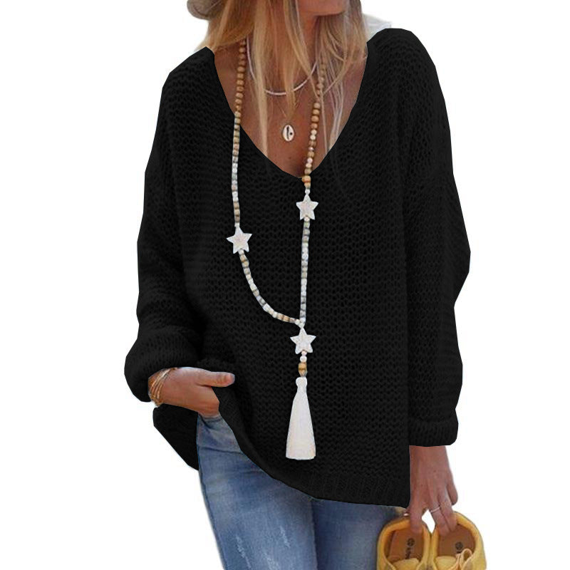 Casual V Neck Knitted Women Sweaters-Sweater&Hoodies-Black-S-Free Shipping Leatheretro