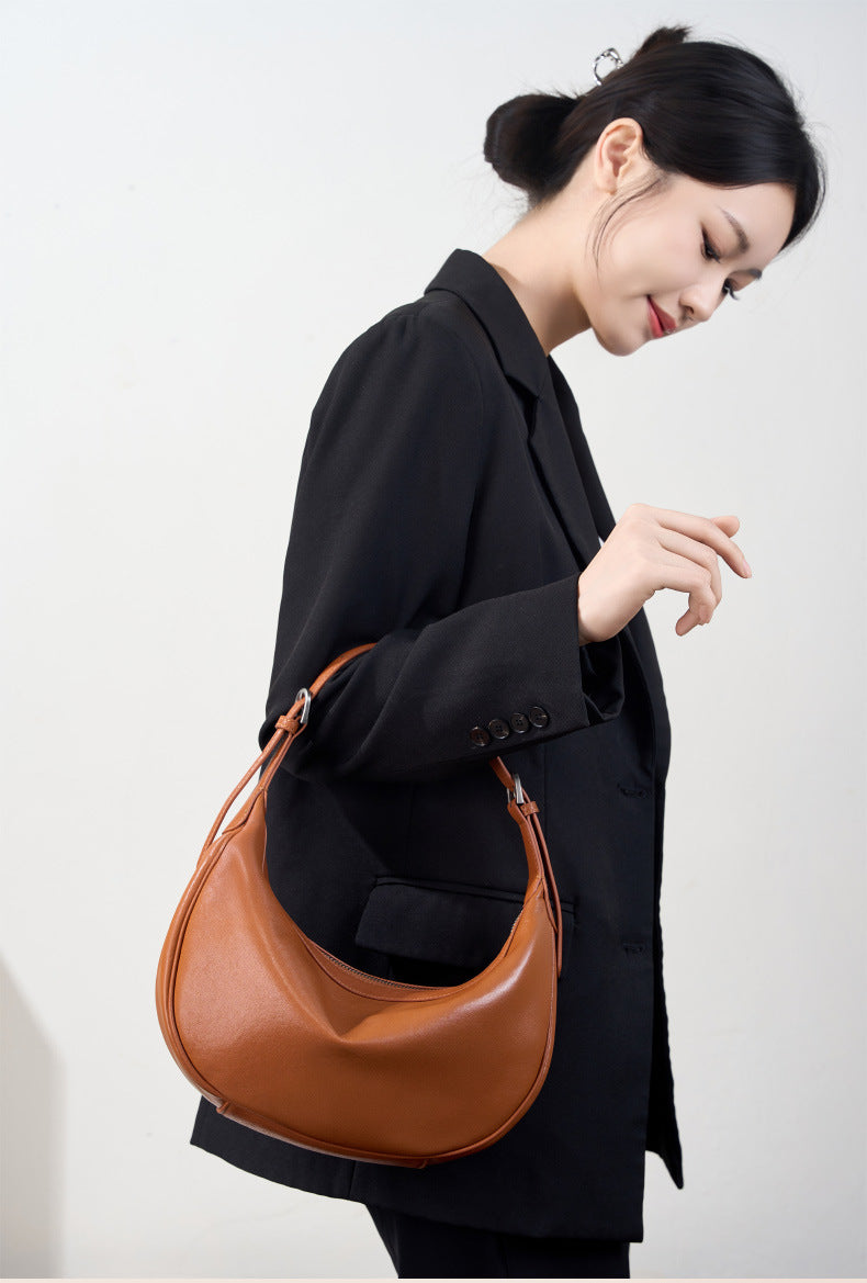 Moon Crescent Hobo Bag – Genuine Leather Large Capacity Shoulder Bag-Hobo Bags-Caramel-Free Shipping Leatheretro
