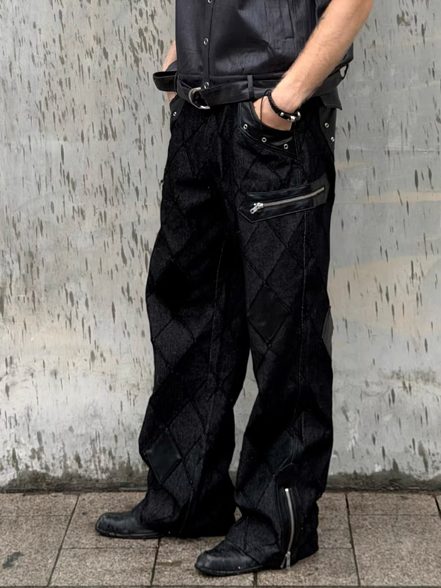 ESAIAS Diamond Faux Leather Patch Rivet Jeans-Jeans-S / 29" (Preorder)-Free Shipping Leatheretro
