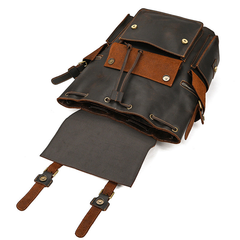 Retro Crazy Horse Leather Backpack – Large Capacity 16-Inch Cowhide Laptop & Travel Bag with Multi-Flap Pockets-Backpacks-Dark Brown-Free Shipping Leatheretro