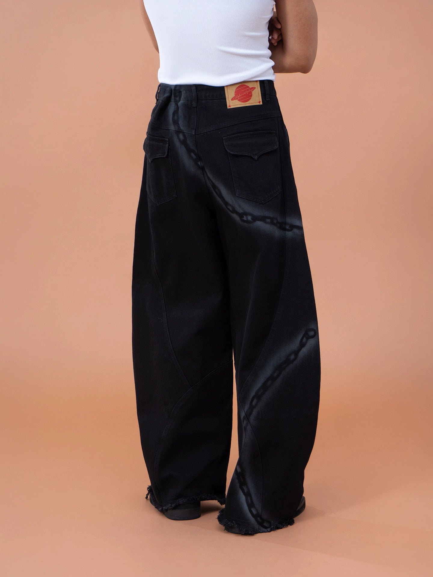 CLP Men's Black Chain Print Cargo Wide Leg Jeans-Black-S-Free Shipping Leatheretro