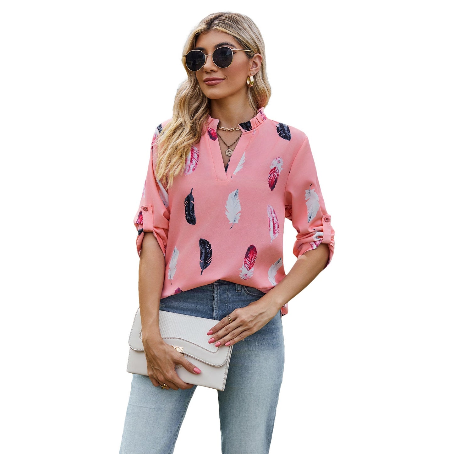 Casual Summer Feather Print 3/4 Sleeves Shirts-Shirts & Tops-Pink-S-Free Shipping Leatheretro