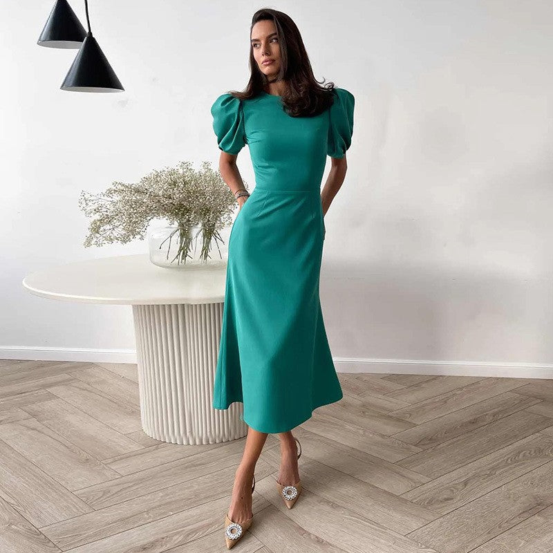 Elegant Round Neck High Waist Midi Dresses-Dresses-Blue-S-Free Shipping Leatheretro