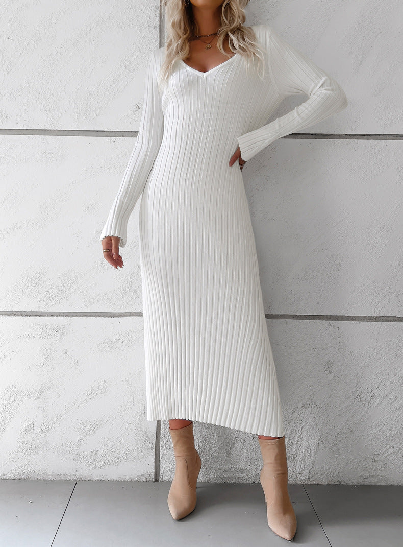 Elegant V Neck Long Sleeves Knitted Dresses-Dresses-White-S-Free Shipping Leatheretro