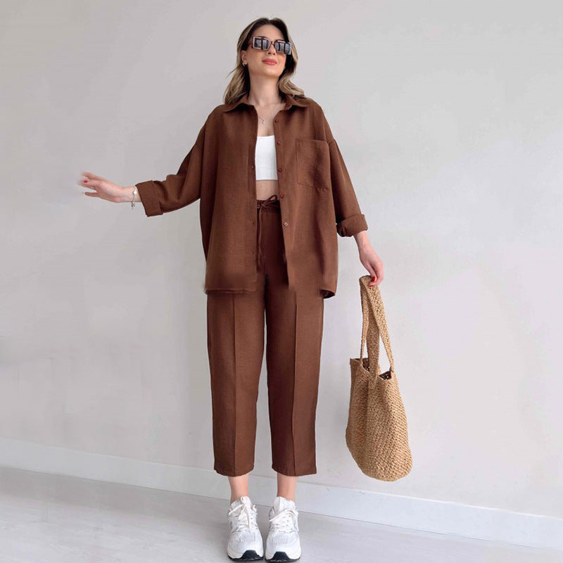 Casual Women Long Sleeves Shirts & Harem Pants-suits-Brown-S-Free Shipping Leatheretro