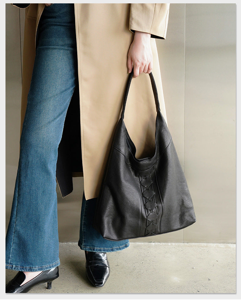 Luxury Genuine Vegetable-Tanned Leather Tote Bag-Black-Free Shipping Leatheretro