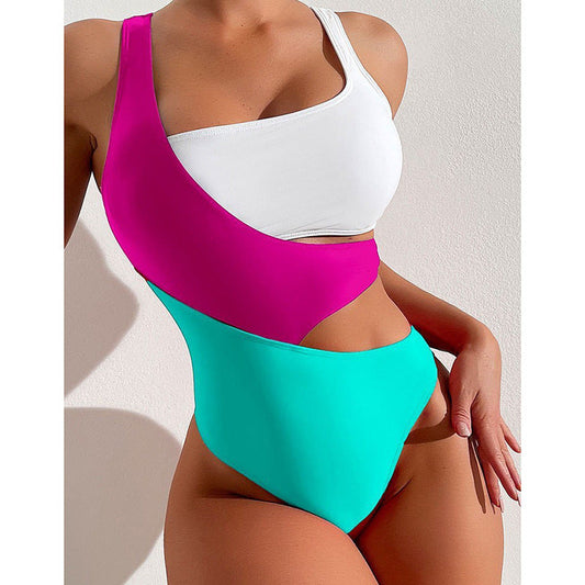 Sexy Contrast Color One Piece Women Swimsuits-Swimwear-A-S-Free Shipping Leatheretro