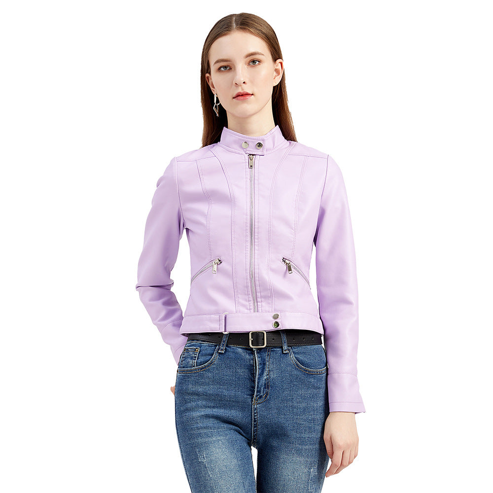 Women's Stand Collar Short Faux Leather Jacket-black-EU(XS)-Free Shipping Leatheretro