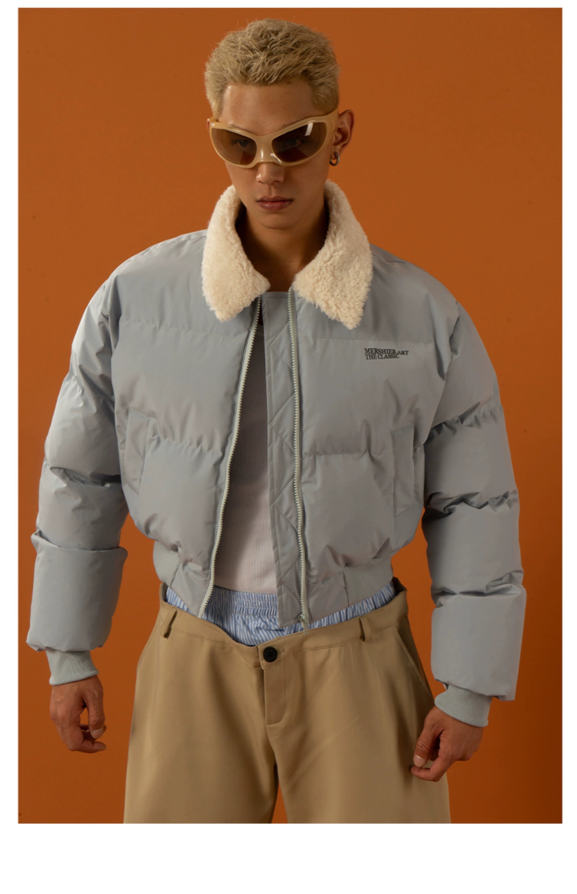 CLP Unisex Short Puffy Jacket with Sherpa Collar-Blue-S-Free Shipping Leatheretro