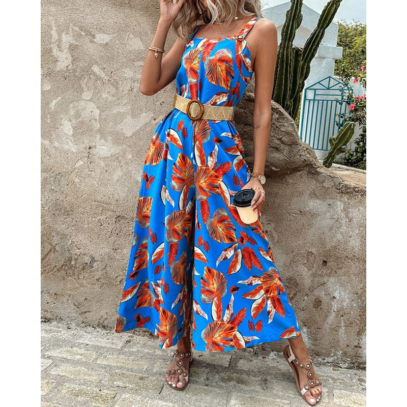 Fashion Floral Print Summer Jumpsuits with Belt-suits-Blue-S-Free Shipping Leatheretro