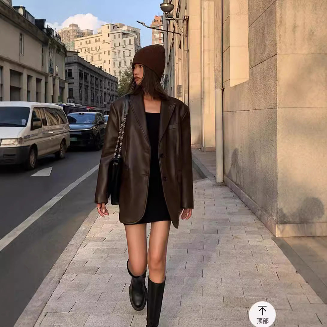 Women's Faux Leather Blazer – Oversized Casual Jacket-black-S-Free Shipping Leatheretro