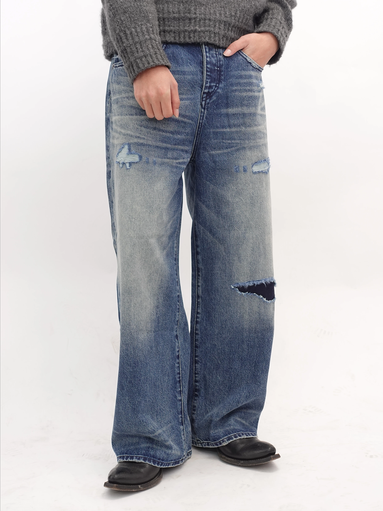 IN EXISTENCE x STM Washed Patched Distressed Straight Jeans-Jeans-S-Free Shipping Leatheretro